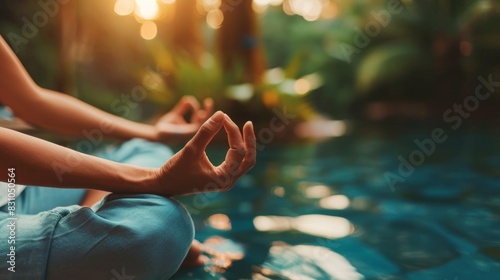 A person meditating in serene surroundings, cultivating inner peace and mental clarity through mindfulness practice, Created with Generative AI. photo