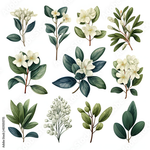 set of Pittosporum leaves  plants  leaves and flowers. illustrations of beautiful realistic flowers for background  pattern or wedding invitations