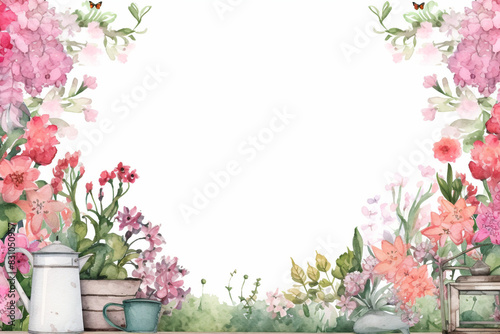 Garden Flowers and Plants Watercolor Frame with Copy Space
