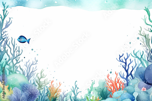 Underwater Coral Reef Scene Watercolor Frame with Copy Space   