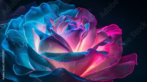 A stunning neon rose with radiant blue and pink hues glowing against a dark background, capturing beauty and elegance in a single bloom. photo