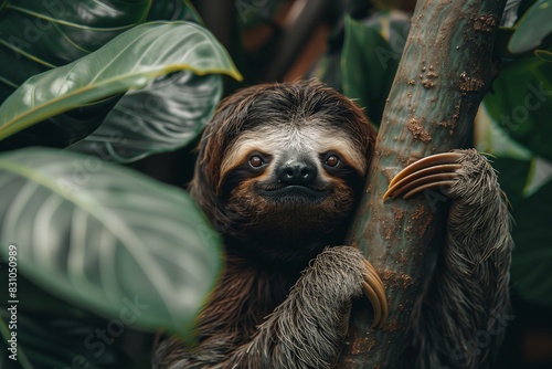 A three-toed sloth clinging to a tree branch amidst lush green foliage. The sloth's calm expression blends with the natural environment. photo