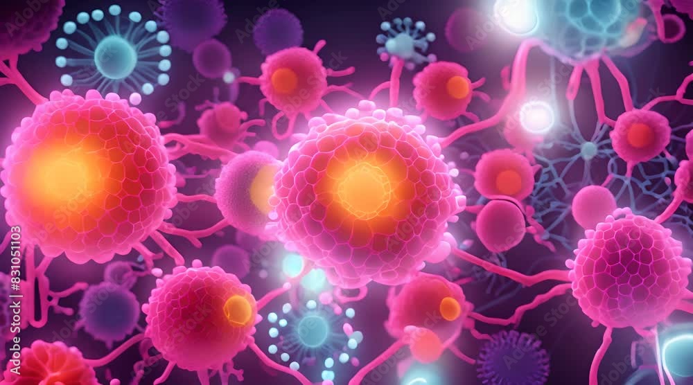 Virus cells that cause respiratory diseases glow in bright neon colors Virus cells that cause respiratory diseases glow in bright neon colors