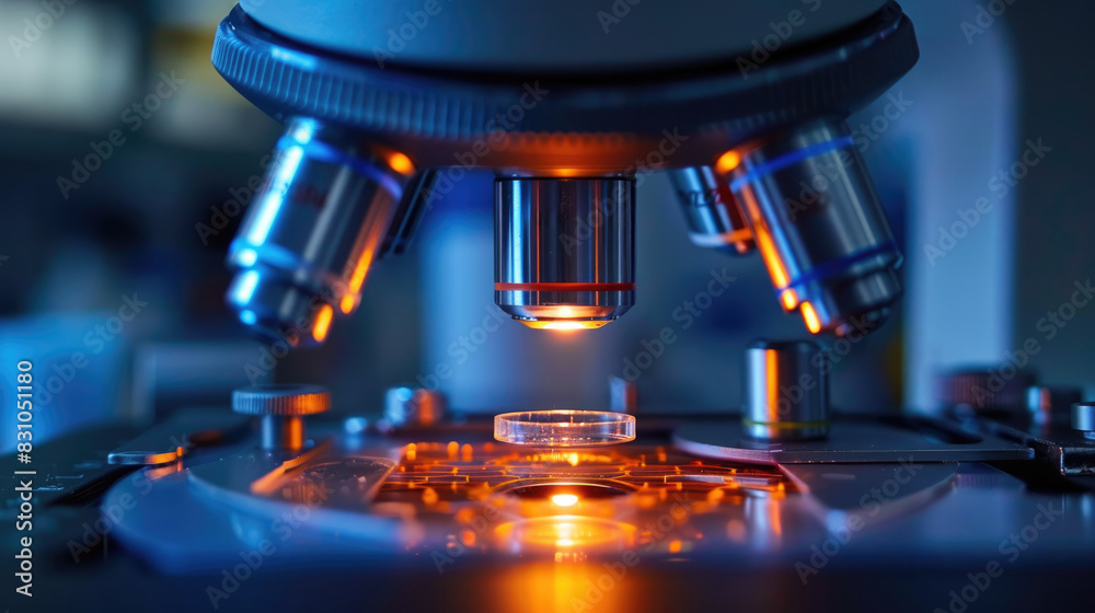 a close-up of a microscope, which is a scientific instrument used to make small objects appear bigger. 