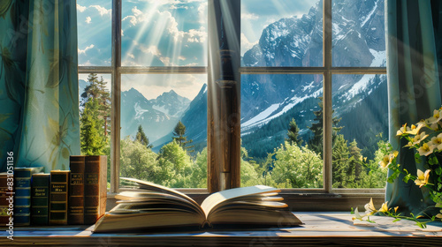 Books on a windowsill with a beautiful view of the mountains