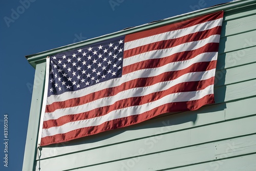 An American flag against light green wooden panels symbolizing pride and patriotism.
