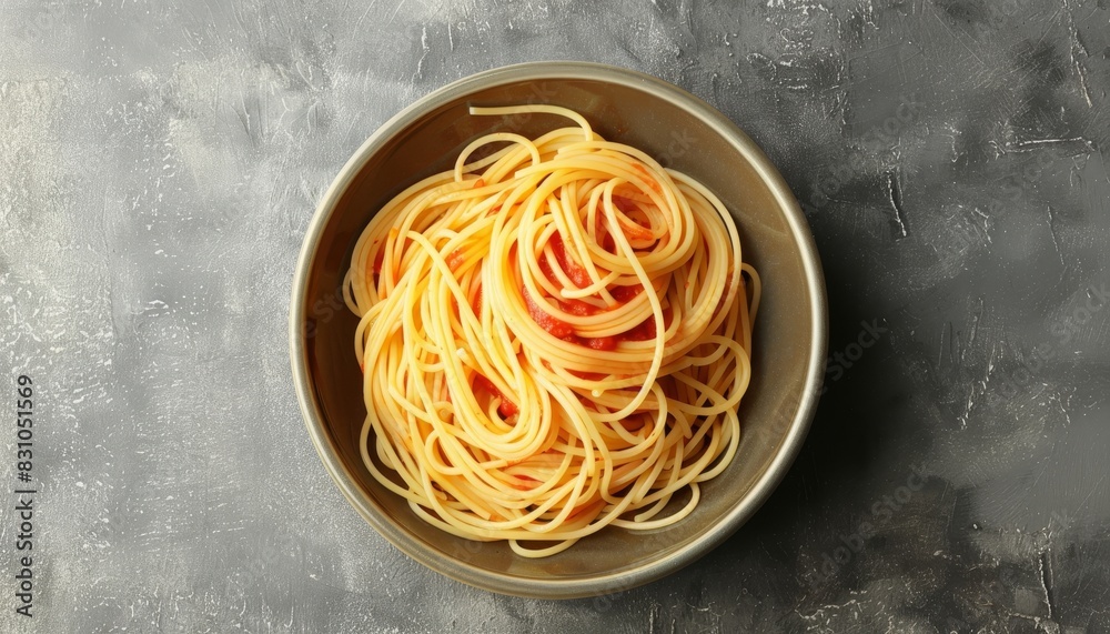 Top view of a bowl of spaghetti with tomato sauce on a grey background Top view of a bowl of spaghetti with tomato sauce on a grey background