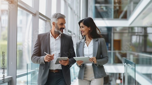 Full body vertical portrait of walking mature Latin businessman and European businesswoman discussing project on tablet in office Two diverse partners of professional business people w : Generative AI