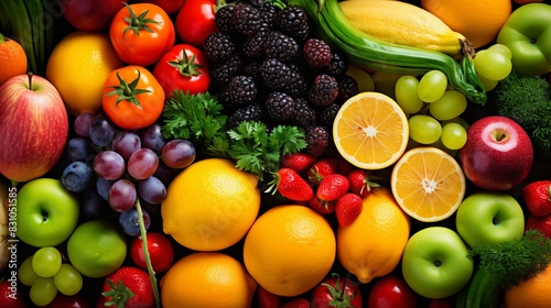 A vibrant assortment of fresh fruits and vegetables, showcasing diversity and rich colors, perfect for promoting healthy eating and nutrition. photo