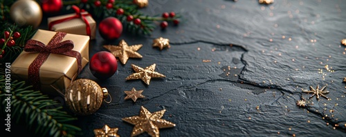 Christmas background with golden and red decorations, gifts and garland on dark stone table. Top view. Space for text. Flat lay. New Year concept