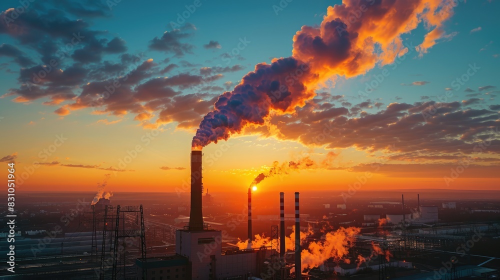 an industrial area with a large factory in the center. The factory is emitting dark smoke into the air an industrial area with a large factory in the center. The factory is emitting dark smoke into the air