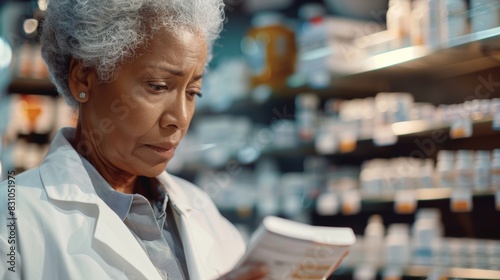 A pharmacist and woman read drugstore labels, medications, and boxes. An elderly doctor examines prescriptions, antibiotics, vitamins, and supplements.