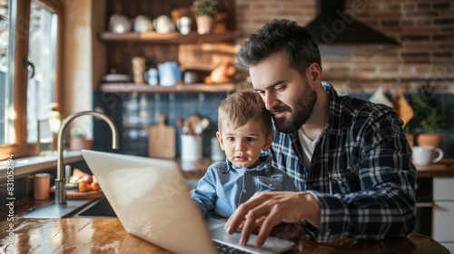 Wallpaper Mural Father holding son and looking at laptop on kitchen counter Working multiple jobs, busy family life Torontodigital.ca