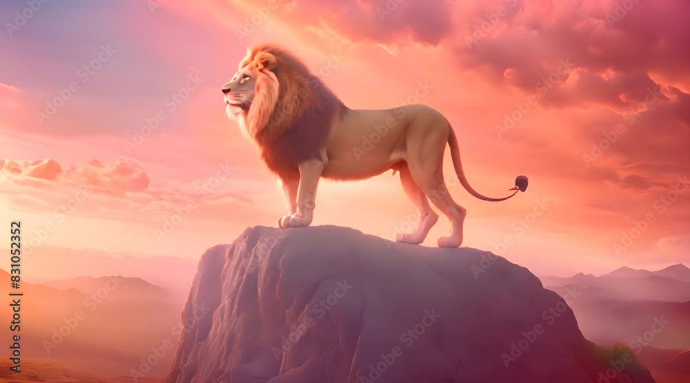 A lion stands on the rocky hill at sunset A lion stands on the rocky hill at sunset