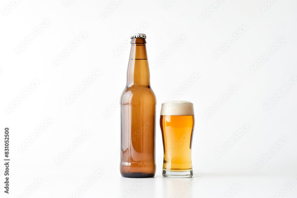 Beer bottle and glass on white background Beer bottle and glass on white background