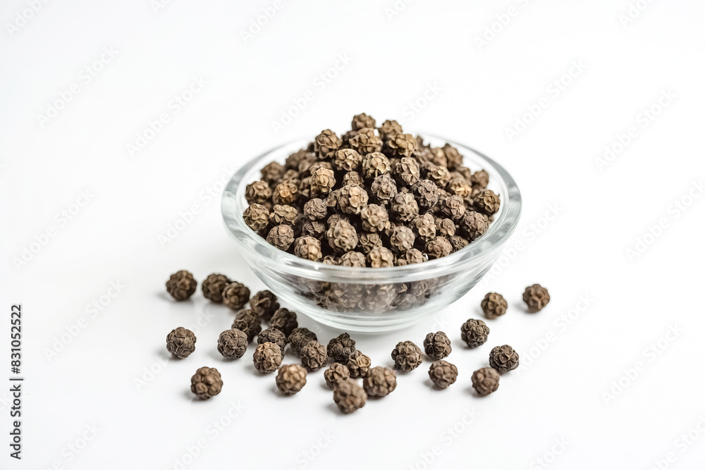 Black Peppercorns in Glass Bowl on White Background Black Peppercorns in Glass Bowl on White Background