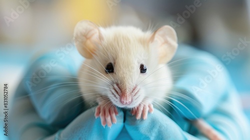 A cute white mouse is sitting on a blue surface 