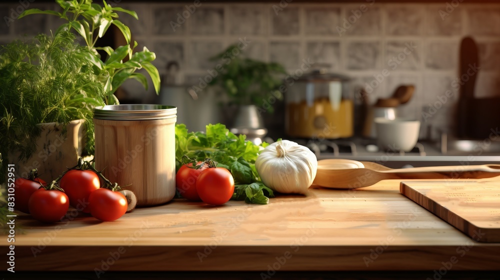 A well-organized kitchen countertop with fresh ingredients, including tomatoes, garlic, and herbs, ready for cooking. A well-organized kitchen countertop with fresh ingredients, including tomatoes, garlic, and herbs, ready for cooking.