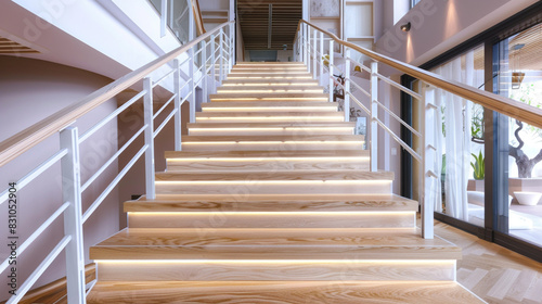 A spacious American-style staircase with light oak steps and a white metal railing  featuring built-in LED lights along the steps