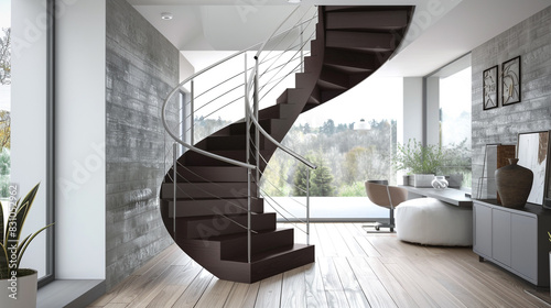 A spiral American-style staircase with dark oak steps and a sleek stainless steel railing  in a modern  airy home