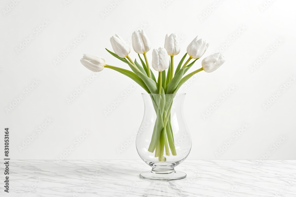 White Tulips in Glass Vase on Marble Surface White Tulips in Glass Vase on Marble Surface