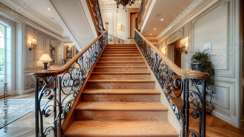 A traditional American-style staircase with oak steps and intricate iron balusters  in a home with classic  elegant decor