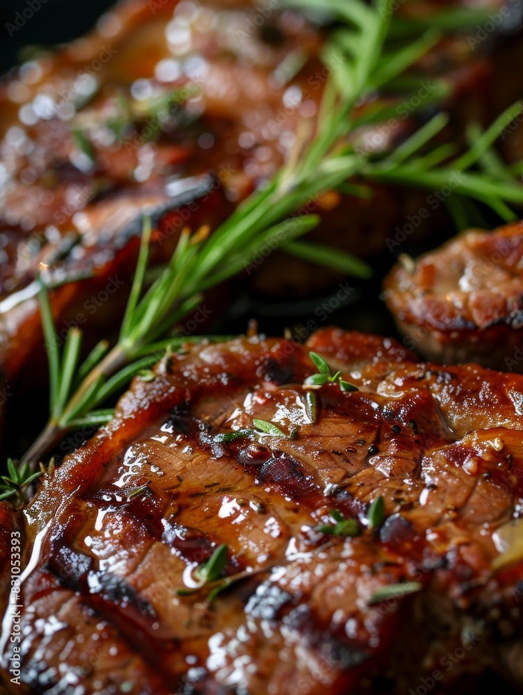 Succulent Cultured Meat Steak Grilled to Perfection with Rosemary and Thyme Garnish - Close-up Food Photography Succulent Cultured Meat Steak Grilled to Perfection with Rosemary and Thyme Garnish - Close-up Food Photography