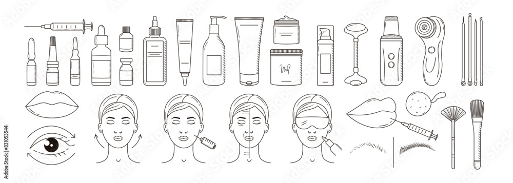 Set of cosmetology devices and procedures icons. Anti-aging, lifting, lip augmentation, laser treatment, injection. Beauty clinic products. Outline vector illustrations. Set of cosmetology devices and procedures icons. Anti-aging, lifting, lip augmentation, laser treatment, injection. Beauty clinic products. Outline vector illustrations.