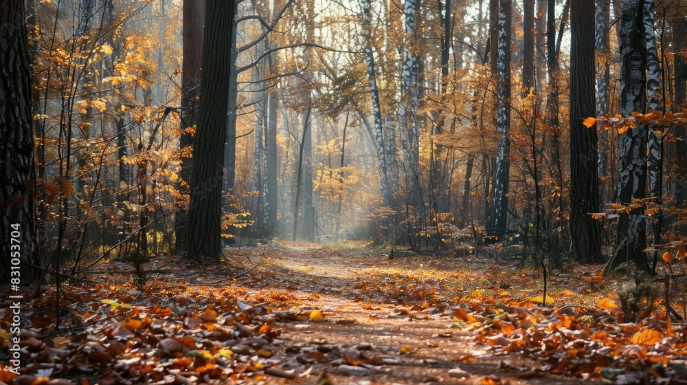 Forest scenery with trees and leaves during autumn Forest scenery with trees and leaves during autumn