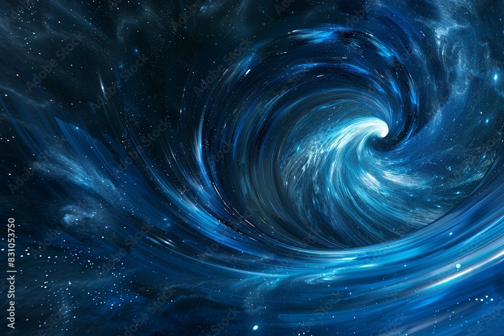 A warp tunnel wormhole moves in hyperspace, an abstract blue energy vortex flies. A wormhole right in time and space. Black hole, vortex hyperspace tunnel. 