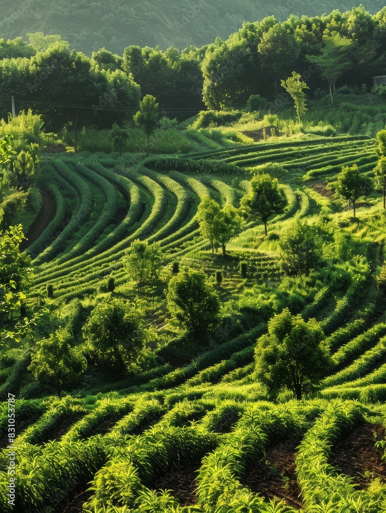 Serene Agroforestry Farm Landscape with Lush Green Crops and Scattered Trees