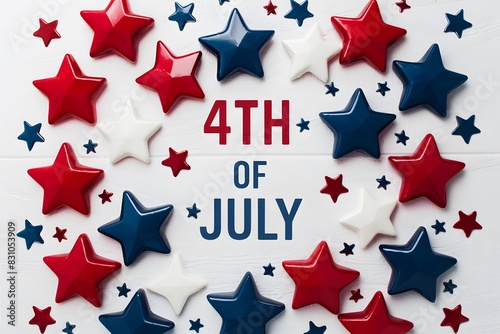Patriotic stars in red, blue, white celebrating Independence Day with bold 4th OF JULY text.