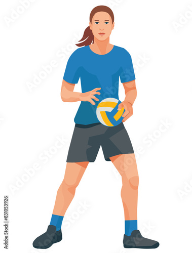Women's volleyball girl player in a blue shirt standing with the ball in her hands during a game