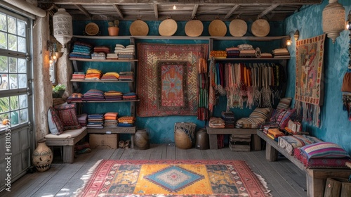 a cozy home decor shop with shelves of folded blankets and colorful pillows, as well as a variety of rugs and tapestries.  photo