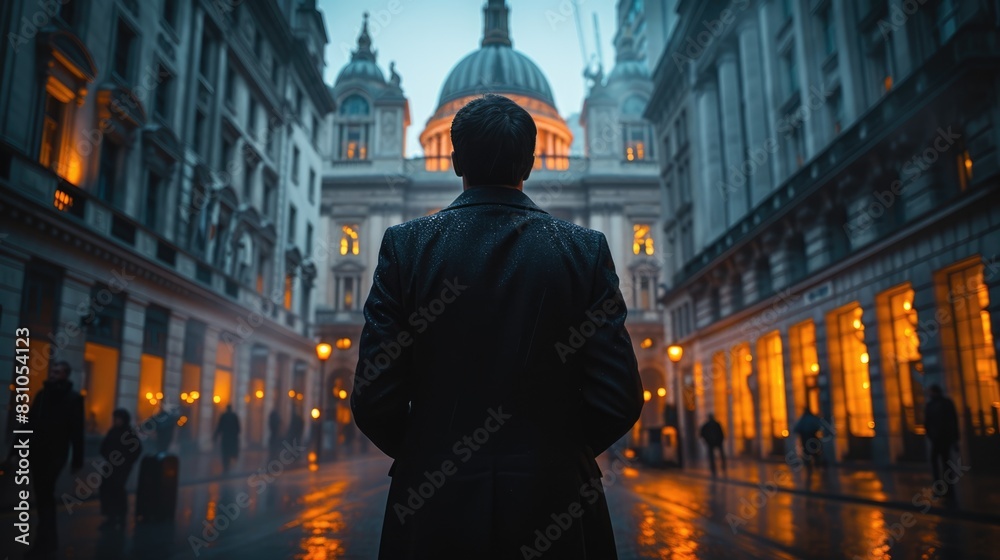 A man in a black coat stands in the middle of a rainy city street. A man in a black coat stands in the middle of a rainy city street.