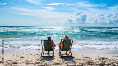 Two senior male friends sit at the beach and look the sea © Miljan Živković
