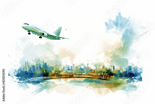 Airplane Over Modern City Skyline Watercolor Illustration with Copy Space

