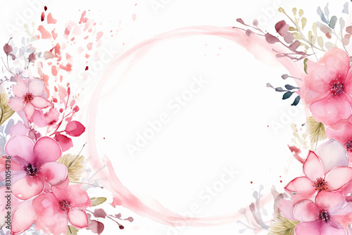 Watercolor Floral Frame with Pink Flowers and Circular Design and Copy Space
