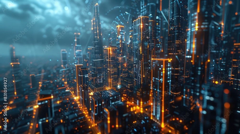 A 3D rendering of a cyberpunk city. The city is dark and rainy, with neon lights reflecting off the wet streets. The buildings are tall and imposing, and the air is thick with the smell of technology.