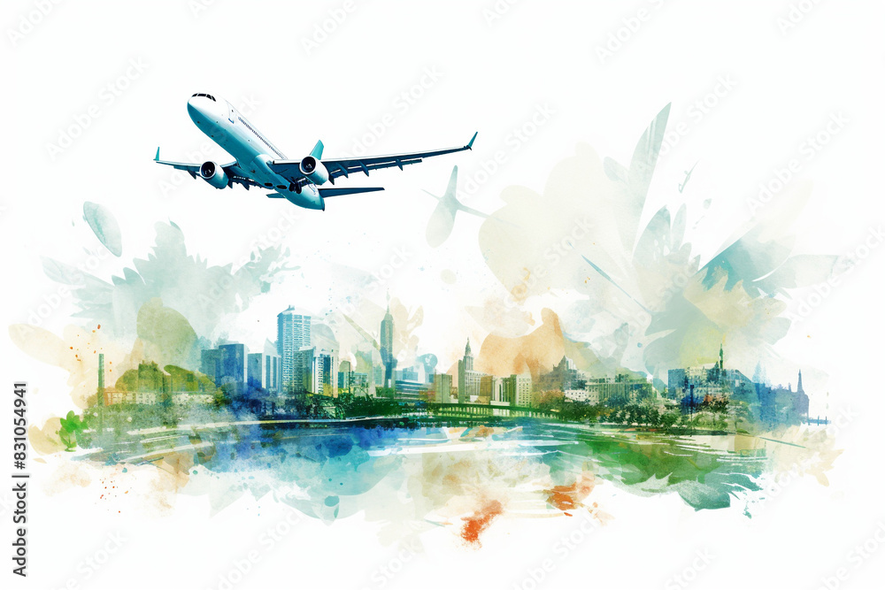 Airplane in Watercolor with Urban Skyline and Copy Space
Airplane in Watercolor with Urban Skyline and Copy Space