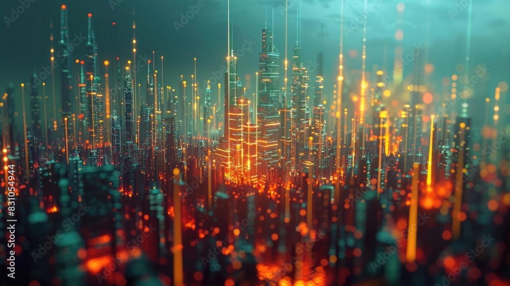 A 3D rendering of a futuristic city with glowing skyscrapers and a starry night sky.