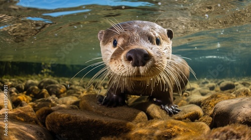 Adorable close-up of an otter underwater, swimming over pebbles and clear water. Wildlife capture highlighting natural habitat and behavior.