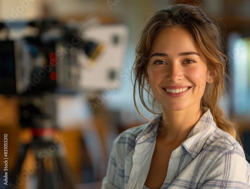 A Film Director female wearing casua, standing in front of a film set, smiling and looking into the camera