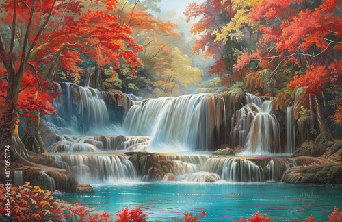 Waterfall in the forest  beautiful nature. Created with Ai