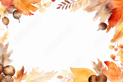Autumn Watercolor Frame with Leaves and Acorns and Copy Space
