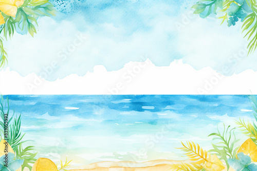 Summer Beach Watercolor Frame with Ocean View and Copy Space
