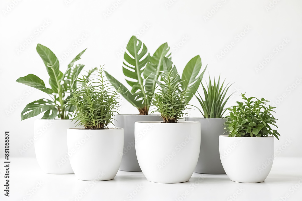 Green plants in white pots on a white background Green plants in white pots on a white background