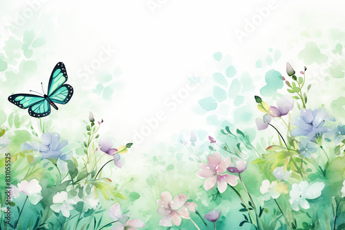 Spring Watercolor Frame with Butterflies and Flowers and Copy Space
