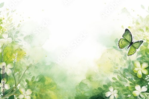 Nature Watercolor Frame with Green Butterflies and Flowers and Copy Space
