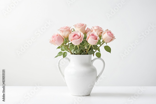 Bouquet of pink roses in a white vase on a white background